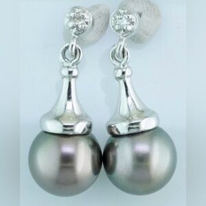 14k white gold natural diamond and cultured pearl dangle earrings